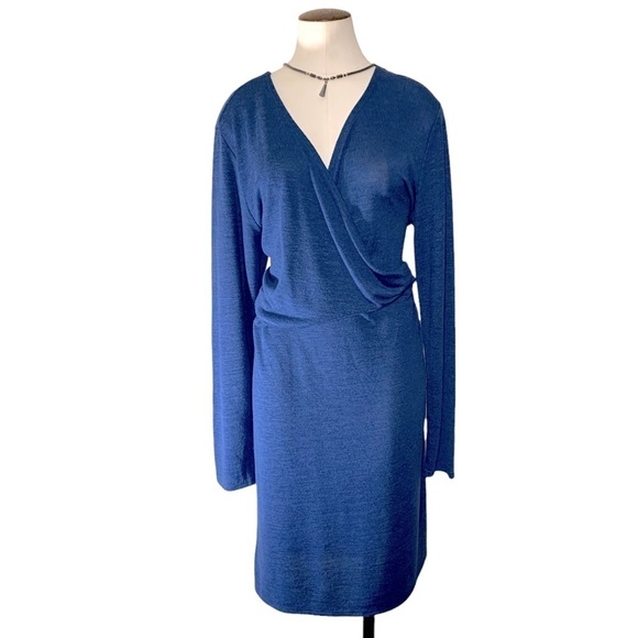MINIMALIST Blue XL Casual Midi Dress Faux Wrap Long Sleeves V Neck - Picture 1 of 10